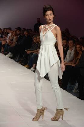 Oct. 24, 2015 - Athens, Greece - A model wears a creation of Loukia Kyriakou fashion designer. Fashion designers present their creations as part of 2nd Day of the 18th Athens Xclusive Designers Week fashion event in Athens. Athens Greece - ZUMAp133