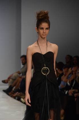 Oct. 24, 2015 - Athens, Greece - A model wears a creation of Tassos Mitropoulos fashion designer. Fashion designers present their creations as part of 2nd Day of the 18th Athens Xclusive Designers Week fashion event in Athens. Athens Greece - ZUMAp133