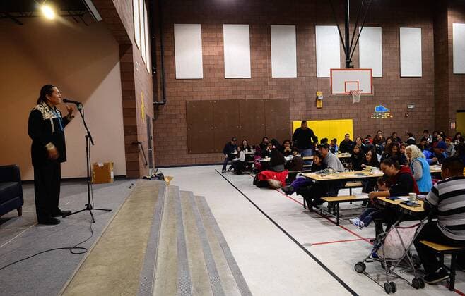Feb. 23, 2015 - Albuquerque, NEW MEXICO, U.S. - 022315.Storyteller Emmett Shkeme Garcia,<cq>, performs during the Honoring the Oral Traditions of Storytelling for American Indian families. The event was held at Vista Grande Elementary School in Rio Rancho . Photographed on Monday February 23 , 2015. Adolphe Pierre-Louis Journal. - ZUMAab1