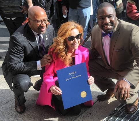 Oct. 26, 2015 - Chester, Pennsylvania, U.S - Legendary Broadway singer and actress,who played the first Annie on Broadway, ANDREA MCARDLE, is inducted into the Philadelphia Music Alliance Walk of Fame by Philadelphia Mayor MICHAEL NUTTER and Councilman KENYATTA JOHNSON. The induction ceremony was held in front of the Kimmel Center in Philadelphia Pa Ms McArdle is a part of the class of 2015 inductees Chester U.S. - ZUMArf1_