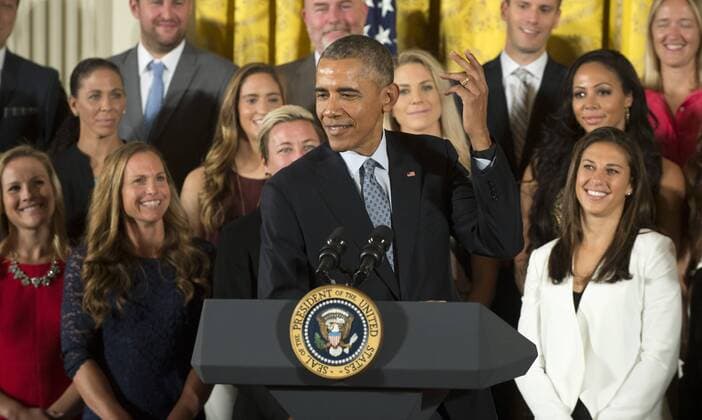 U.S. President Barack Obama makes comments as he honors the U.S. Women s 2015 World Cup champion team at an event iin the East Room of the White House in Washington DC on October 27, 2015. Obama said they inspired millions of girls to dream bigger .  WAP2015102707 PATxBENIC