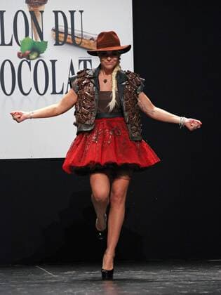 A model wears a creation made with chocolate during a fashion show at the inauguration of the 21st annual Salon du Chocolat in Paris on October 27, 2015. The show, the world s biggest dedicated to chocolate, brings together fashion designers and chocolatiers from around the world.  PAR20151027713 DAVIDxSILPA