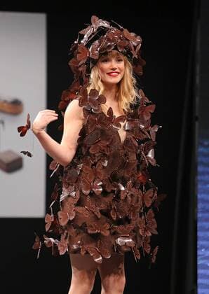 A model wears a creation made with chocolate during a fashion show at the inauguration of the 21st annual Salon du Chocolat in Paris on October 27, 2015. The show, the world s biggest dedicated to chocolate, brings together fashion designers and chocolatiers from around the world.  PAR20151027721 DAVIDxSILPA