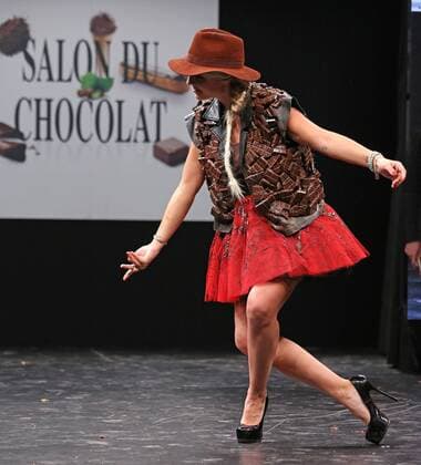 A model wears a creation made with chocolate during a fashion show at the inauguration of the 21st annual Salon du Chocolat in Paris on October 27, 2015. The show, the world s biggest dedicated to chocolate, brings together fashion designers and chocolatiers from around the world.  PAR20151027737 DAVIDxSILPA