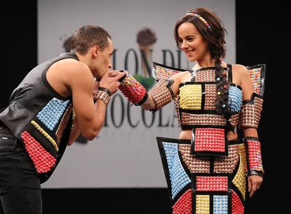 Models wear creations made with chocolate during a fashion show at the inauguration of the 21st annual Salon du Chocolat in Paris on October 27, 2015. The show, the world s biggest dedicated to chocolate, brings together fashion designers and chocolatiers from around the world.  PAR20151027744 DAVIDxSILPA