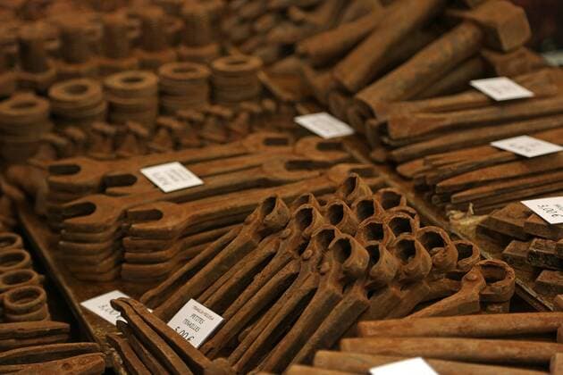 Chocolate in the form of rusted tools is seen during the inauguration of the 21st annual Salon du Chocolat in Paris on October 27, 2015. The show, the world s biggest dedicated to chocolate, brings together fashion designers and chocolatiers from around the world.  PAR20151027748 DAVIDxSILPA