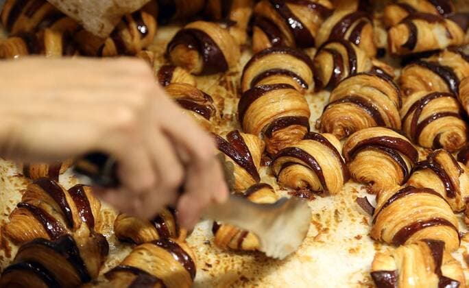 Chocolate croissants are seen during the inauguration of the 21st annual Salon du Chocolat in Paris on October 27, 2015. The show, the world s biggest dedicated to chocolate, brings together fashion designers and chocolatiers from around the world.  PAR20151027750 DAVIDxSILPA