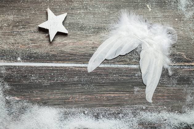 Christmas decoration, angel wings on wood, star, artificial snow, copy space  SBDF002259