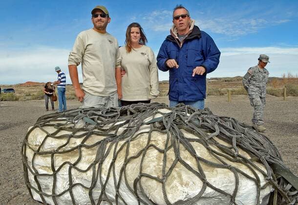 Oct. 29, 2015 - Albuquerque, NM, U.S. - left to right- Tom Suazo, Amanda Cantrell and Dr. Spencer Lucas stand by the remans of the first baby Pentaceratops from the Bisti Wilderness Area in the Four Corners region of New Mexico. Thursday, Oct. 29, 2015. Albuquerque U.S. - ZUMAab1_