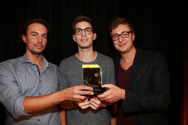 Ö Kabarettpreis Wien, Urania, 03. 11. 2015 Fritz JERGITSCH mit Tagespresse Team