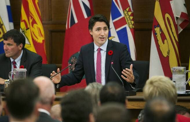Canadian Prime Minister Justin Trudeau addresses his first caucus at Parliament Hill in Ottawa, Canada, Nov. 5, 2015. ) CANADA-OTTAWA-POLITICS-PM ChrisxRoussakis 
