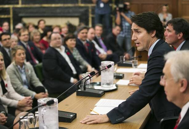 Canadian Prime Minister Justin Trudeau addresses his first caucus at Parliament Hill in Ottawa, Canada, Nov. 5, 2015. ) CANADA-OTTAWA-POLITICS-PM ChrisxRoussakis 