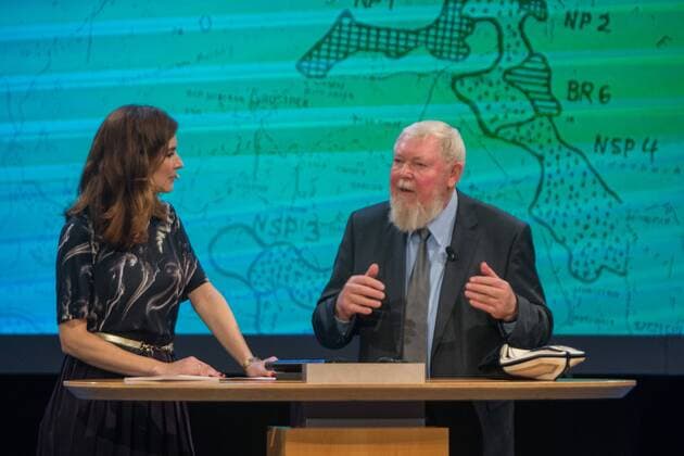 DEU, Deutschland, Nordrhein-Westfalen, Essen, 08.11.2015: Deutsche Bundesstiftung Umwelt Deutscher Umweltpreis Festakt Prof. em. Dr. Michael Succow, Greifswald und Moderatorin Katrin Bauernfeind