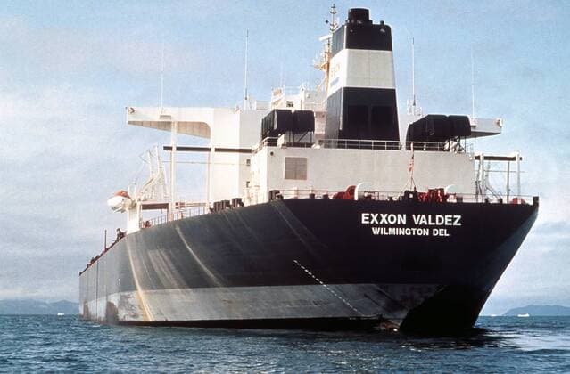 March 23, 1989 - Prince William Sound, AK, United States of America - Aerial view of the Exxon Valdez oil tanker after running aground on Bligh Reef in Prince William Sound spilling at least 11 million gallons of crude oil in the pristine waters March 23, 1989 in Prince William Sound, Alaska. Prince William Sound United States of America - ZUMAp138