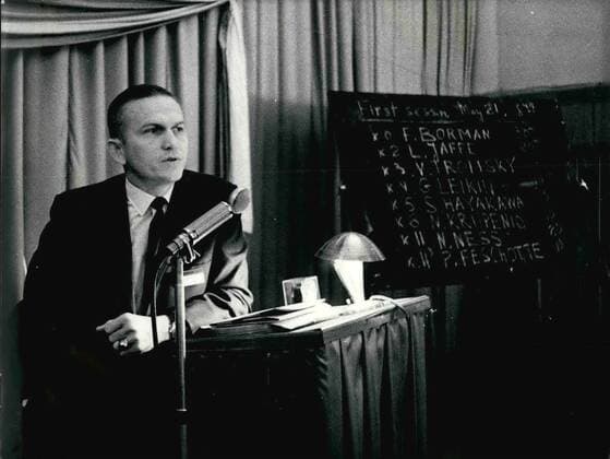 1969 - Frank Borman in Praque: American Astronaut Frank Borman commenting a 30-minute coloured film made during the flight of Apollo 8 at the end of December 1968 at the first meeting of the working group on research into the moon and planets by means of artificial cosmic bodies, held at the 12th plenary session of the Committee fot Space Research (COSPAR) in Prague on May 21st. American Space Odyssey. Prague Czech Republic - ZUMAk09_
