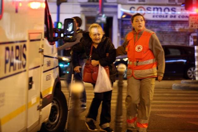 Nov. 14, 2015 - Paris, France - CORBIS OUT = Victims of the shooting at the Bataclan concert venue in central Paris are being evacuated to receive first aid. More than one hundred people were killed and many more wounded when gunmen opened fire inside the venue as the French capital has been the target of a series of deadly attacks. Paris France - ZUMAv111