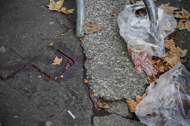 Bloodstain are seen on the ground outside the Bataclan concert hall in Paris, France, Nov. 14, 2015. ) (zjy) FRANCE-PARIS-ATTACK-BATACLAN CONCERT HALL ZhouxLei 