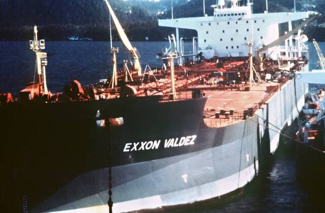 March 23, 1989 - Prince William Sound, AK, United States of America - Aerial view of the Exxon Valdez oil tanker after running aground on Bligh Reef in Prince William Sound spilling at least 11 million gallons of crude oil in the pristine waters March 23, 1989 in Prince William Sound, Alaska. Prince William Sound United States of America - ZUMAp138