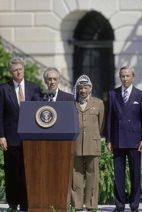 Sept. 6, 2015 - Washington, District of Columbia, United States of America - Washington, DC. 9-13-1993.President William Jefferson Clinton hosts the signing of the Oslo Peace accords. In the presence of PLO chairman Yasser Arafat, the then Israeli Prime Minister Yitzhak Rabin .The documents themselves were signed by Mahmoud Abbas for the PLO, foreign Minister Shimon Peres for Israel, U.S.Ã‚ Secretary of State Warren Christopher for the United States and foreign minister Andrei Kozyrev for Russia..Credit: Washington United States of America - ZUMAr142