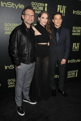 17 November 2015 - West Hollywood, California - Christian Slater, Carly Chaikin, Rami Malek. Hollywood Foreign Press Association and InStyle Celebrate The 2016 Golden Globe Award Season held at Ysabel.  ByronxPurvis AdMedia