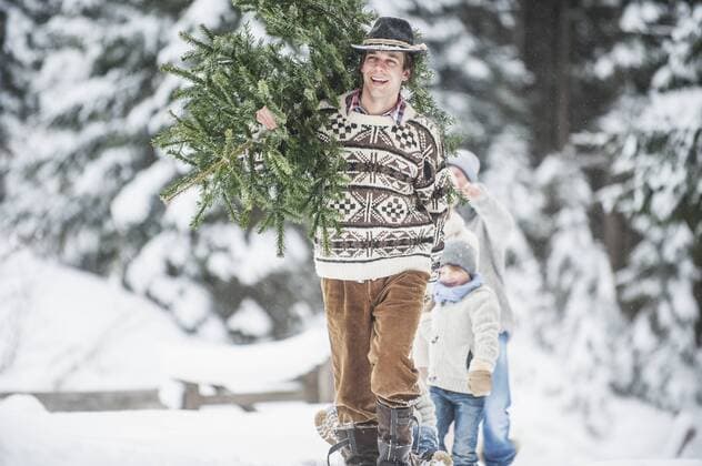 Austria, Altenmarkt-Zauchensee, happy man carrying Christmas tree on his shoulder in winter forest model released Symbolfoto  HHF005383