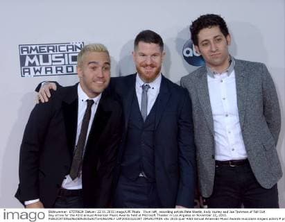 From left, recording artists Pete Wentz, Andy Hurley and Joe Trohman of Fall Out Boy arrive for the 43rd annual American Music Awards held at Microsoft Theater in Los Angeles on November 22, 2015.  LAP20151122307 JIMxRUYMEN