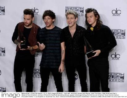 From left, recording artists Liam Payne, Louis Tomlinson, Niall Horan and Harry Styles of One Direction, winners of Favorite Pop Rock Band Duo Group, appear backstage during the 43rd annual American Music Awards held at Microsoft Theater in Los Angeles on November 22, 2015.  LAP20151122466 JIMxRUYMEN