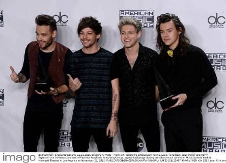 From left, recording artists Liam Payne, Louis Tomlinson, Niall Horan and Harry Styles of One Direction, winners of Favorite Pop Rock Band Duo Group, appear backstage during the 43rd annual American Music Awards held at Microsoft Theater in Los Angeles on November 22, 2015.  LAP20151122467 JIMxRUYMEN