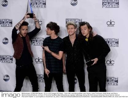 From left, recording artists Liam Payne, Louis Tomlinson, Niall Horan and Harry Styles of One Direction, winners of Favorite Pop Rock Band Duo Group, appear backstage during the 43rd annual American Music Awards held at Microsoft Theater in Los Angeles on November 22, 2015.  LAP20151122468 JIMxRUYMEN