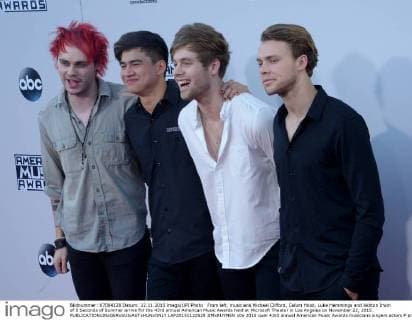 From left, musicians Michael Clifford, Calum Hood, Luke Hemmings and Ashton Irwin of 5 Seconds of Summer arrive for the 43rd annual American Music Awards held at Microsoft Theater in Los Angeles on November 22, 2015.  LAP20151122529 JIMxRUYMEN