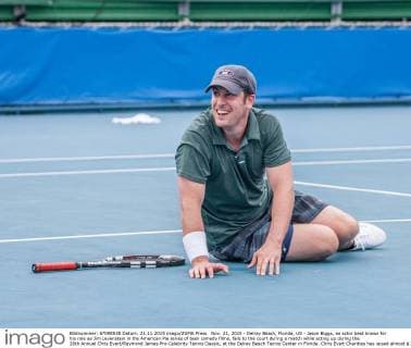 Nov. 21, 2015 - Delray Beach, Florida, US - Jason Biggs, an actor best known for his role as Jim Levenstein in the American Pie series of teen comedy films, falls to the court during a match while acting up during the 26th Annual Chris Evert Raymond James Pro-Celebrity Tennis Classic, at the Delray Beach Tennis Center in Florida. Chris Evert Charities has raised almost $ 22 million for FloridaÃ¢â‚¬â„¢s most at-risk children. Delray Beach US - ZUMAd84_