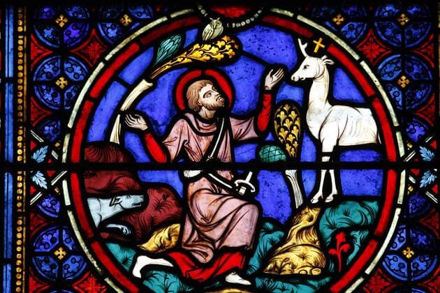 Notre Dame cathedral, Paris. Stained glass depicting Saint Hubert seeing a hart Copyright: PxDelissx xGodong 971_06_fr496397c.JPEG