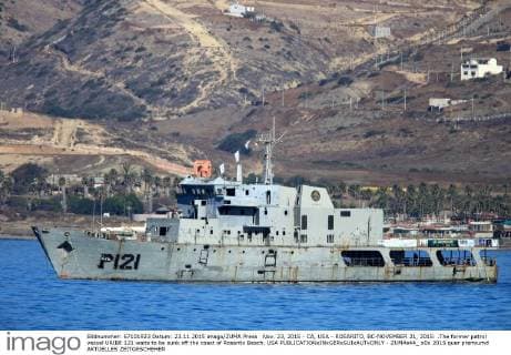 Nov. 23, 2015 - CA, USA - ROSARITO, BC-NOVEMBER 21, 2015: .The former patrol vessel URIBE 121 waits to be sunk off the coast of Rosarito Beach. USA - ZUMAs44_