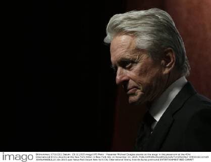 Presenter Michael Douglas stands on the stage in the pressroom at the 43rd International Emmy Awards at the New York Hilton in New York City on November 23, 2015.  NYP20151123165 JOHNxANGELILLO