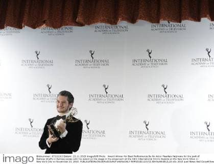 Award Winner for Best Performance By An Actor Maarten Heijmans for the part of Ramses Shaffy in Ramses poses with his award on the stage in the pressroom at the 43rd International Emmy Awards at the New York Hilton in New York City on November 23, 2015.  NYP20151123172 JOHNxANGELILLO