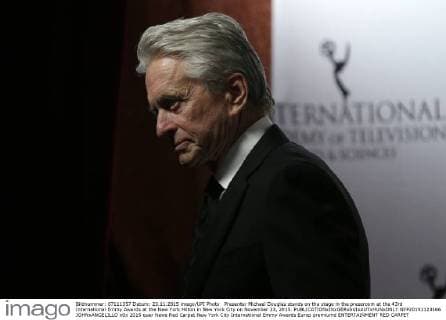 Presenter Michael Douglas stands on the stage in the pressroom at the 43rd International Emmy Awards at the New York Hilton in New York City on November 23, 2015.  NYP20151123166 JOHNxANGELILLO