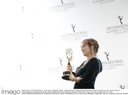 Award Winner for Best Performance By An Actress Anneke von der Lippe holds her Emmy Award in the pressroom at the 43rd International Emmy Awards at the New York Hilton in New York City on November 23, 2015.  NYP20151123160 JOHNxANGELILLO