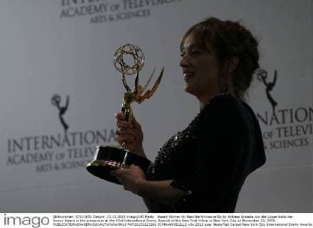 Award Winner for Best Performance By An Actress Anneke von der Lippe holds her Emmy Award in the pressroom at the 43rd International Emmy Awards at the New York Hilton in New York City on November 23, 2015.  NYP20151123161 JOHNxANGELILLO