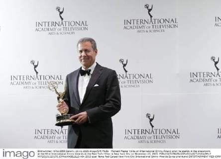 Richard Plepler holds an International Emmy Award when he stands in the pressroom at the 43rd International Emmy Awards at the New York Hilton in New York City on November 23, 2015.  NYP20151123170 JOHNxANGELILLO