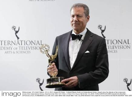 Richard Plepler holds an International Emmy Award when he stands in the pressroom at the 43rd International Emmy Awards at the New York Hilton in New York City on November 23, 2015.  NYP20151123171 JOHNxANGELILLO