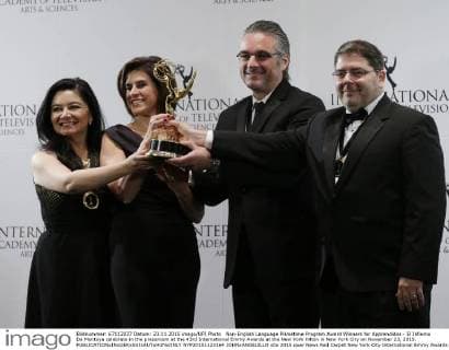 Non-English Language Primetime Program Award Winners for Apprendidos - El Infierno De Montoya celebrate in the pressroom at the 43rd International Emmy Awards at the New York Hilton in New York City on November 23, 2015.  NYP20151123164 JOHNxANGELILLO