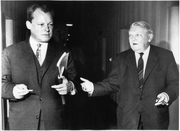 July 30, 2014 - Mayor Willie Brandt of West Berlin and Ludwig Erhard, Economics Minister, in Discussion, Bonn, West Germany, 1961  - ZUMAg14