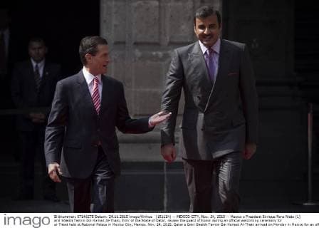 (151124) -- MEXICO CITY, Nov. 24, 2015 -- Mexico s President Enrique Pena Nieto (L) and Sheikh Tamim bin Hamad Al-Thani, Emir of the State of Qatar, review the guard of honor during an official welcoming ceremony for al-Thani held at National Palace in Mexico City, Mexico, Nov. 24, 2015. Qatar s Emir Sheikh Tamim Bin Hamad Al-Thani arrived on Monday in Mexico for an official visit on the 40th anniversary of the establishment of diplomatic relations between the two countries, reported the Mexico Secretariat of Foreign Affairs (SRE, for its acronym in Spanish). Alejandro Ayala) (jg) (sp) MEXICO-MEXICO CITY-QATAR-POLITICS-VISIT e AlejandroxAyala 