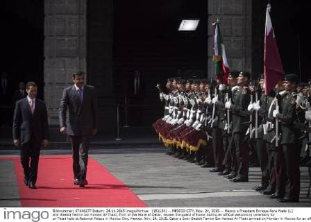 (151124) -- MEXICO CITY, Nov. 24, 2015 -- Mexico s President Enrique Pena Nieto (L) and Sheikh Tamim bin Hamad Al-Thani, Emir of the State of Qatar, review the guard of honor during an official welcoming ceremony for al-Thani held at National Palace in Mexico City, Mexico, Nov. 24, 2015. Qatar s Emir Sheikh Tamim Bin Hamad Al-Thani arrived on Monday in Mexico for an official visit on the 40th anniversary of the establishment of diplomatic relations between the two countries, reported the Mexico Secretariat of Foreign Affairs (SRE, for its acronym in Spanish). Alejandro Ayala) (jg) (sp) MEXICO-MEXICO CITY-QATAR-POLITICS-VISIT e AlejandroxAyala 