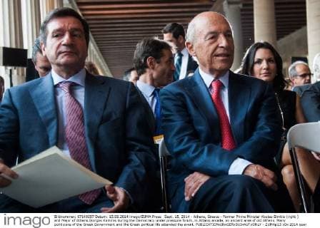 Sept. 15, 2014 - Athens, Greece - Former Prime Minister Kostas Simitis (right ) and Major of Athens Giorgos Kaminis during the Democracy under pressure forum, in Attalos arcade, an ancient area of old Athens. Many politicians of the Greek Government and the Greek political life attended the event.  - ZUMAp13