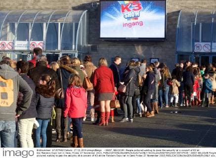- GENT, BELGIUM: People pictured waiting to pass the security at a concert of K3 at the Flanders Expo hall in Gent, Friday 27 November 2015.  NICOLASxMAETERLINCK 04747838
