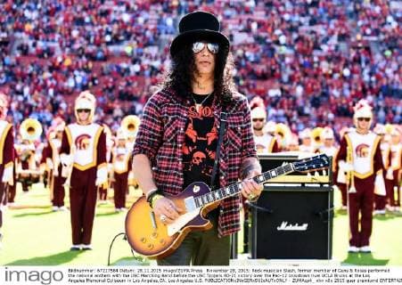 November 28, 2015: Rock musician Slash, former member of Guns & Roses performed the national anthem with the USC Marching Band before the USC Trojans 40-21 victory over the Pac-12 crosstown rival UCLA Bruins at the Los Angeles Memorial Coliseum in Los Angeles,CA. Los Angeles U.S. - ZUMAcp4_