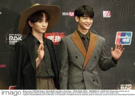 HONG KONG, CHINA - DECEMBER 02: (CHINA OUT) Singers Key and Min-Ho of SHINee attend 2015 Mnet Asian Music Awards (MAMA) press conference at AsiaWorld-Expo on December 2, 2015 in Hong Kong, China.  CFP476633234