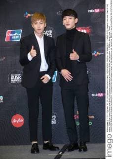 HONG KONG, CHINA - DECEMBER 02: (CHINA OUT) Singers Suho and Chen of EXO attend 2015 Mnet Asian Music Awards (MAMA) press conference at AsiaWorld-Expo on December 2, 2015 in Hong Kong, China.  CFP476633341