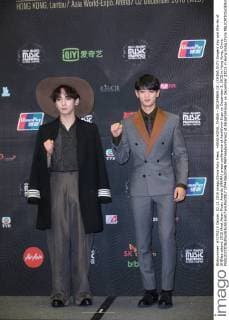 HONG KONG, CHINA - DECEMBER 02: (CHINA OUT) Singers Key and Min-Ho of SHINee attend 2015 Mnet Asian Music Awards (MAMA) press conference at AsiaWorld-Expo on December 2, 2015 in Hong Kong, China.  CFP476633346